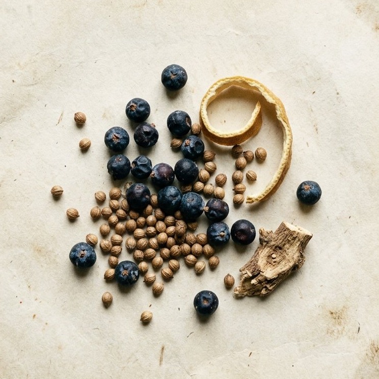 A study of gin botanicals - juniper berries, coriander seeds, dried citrus peel, and orris root on aged paper